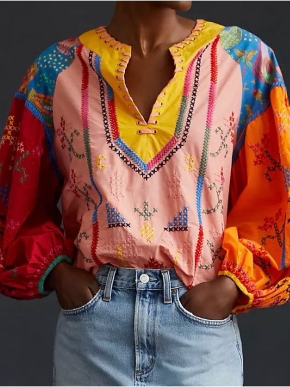 Farm Rio Embroidered Colorblock Blouse - Picture 2 of 6